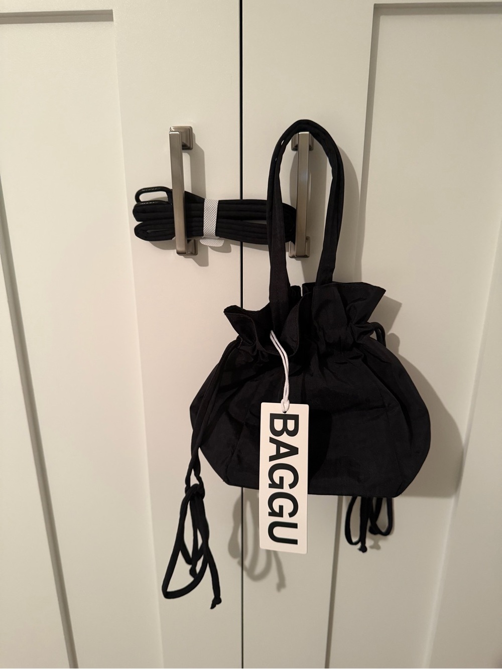 BAGGU Black Nylon Tote with Side Ties and Removable Strap NWT